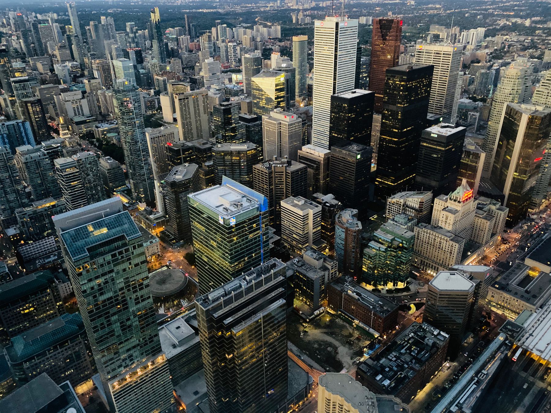 Aerial view of the Toronto-Dominion Centre, showing its black towers and green TD rooftop logos